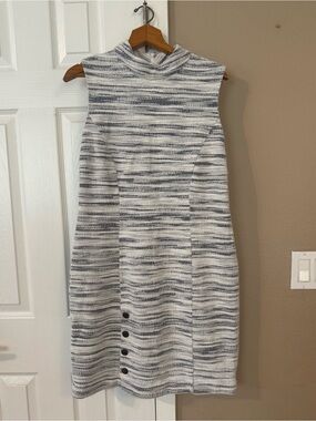 Sleeveless Mock Neck Striped Knit Dress in White & Gray